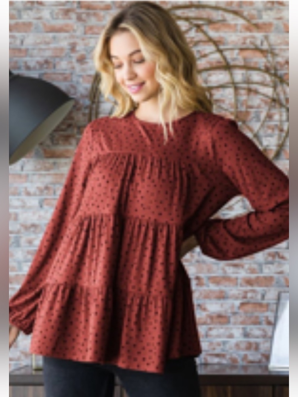 HEIMISH USA Rust Red Polka Dot Tiered Tunic Blouse